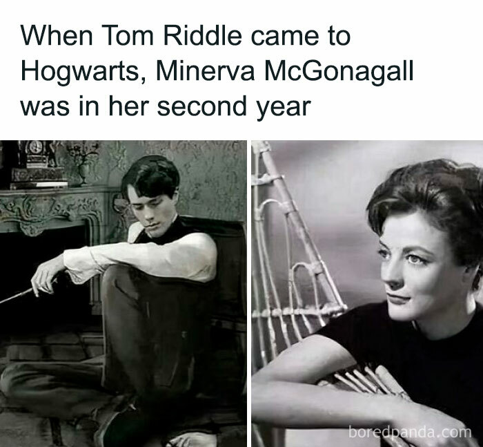 Black and white meme showing young Tom Riddle and Minerva McGonagall referencing Harry Potter memes.