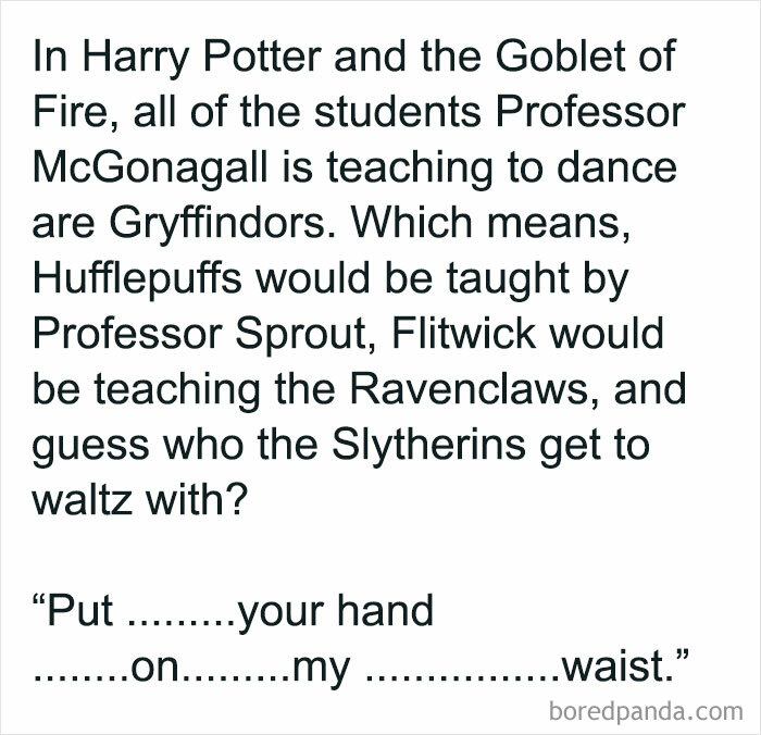 Funny Harry Potter meme about Hogwarts house dance lessons and who Slytherins get to waltz with in the Gryffindor common room.