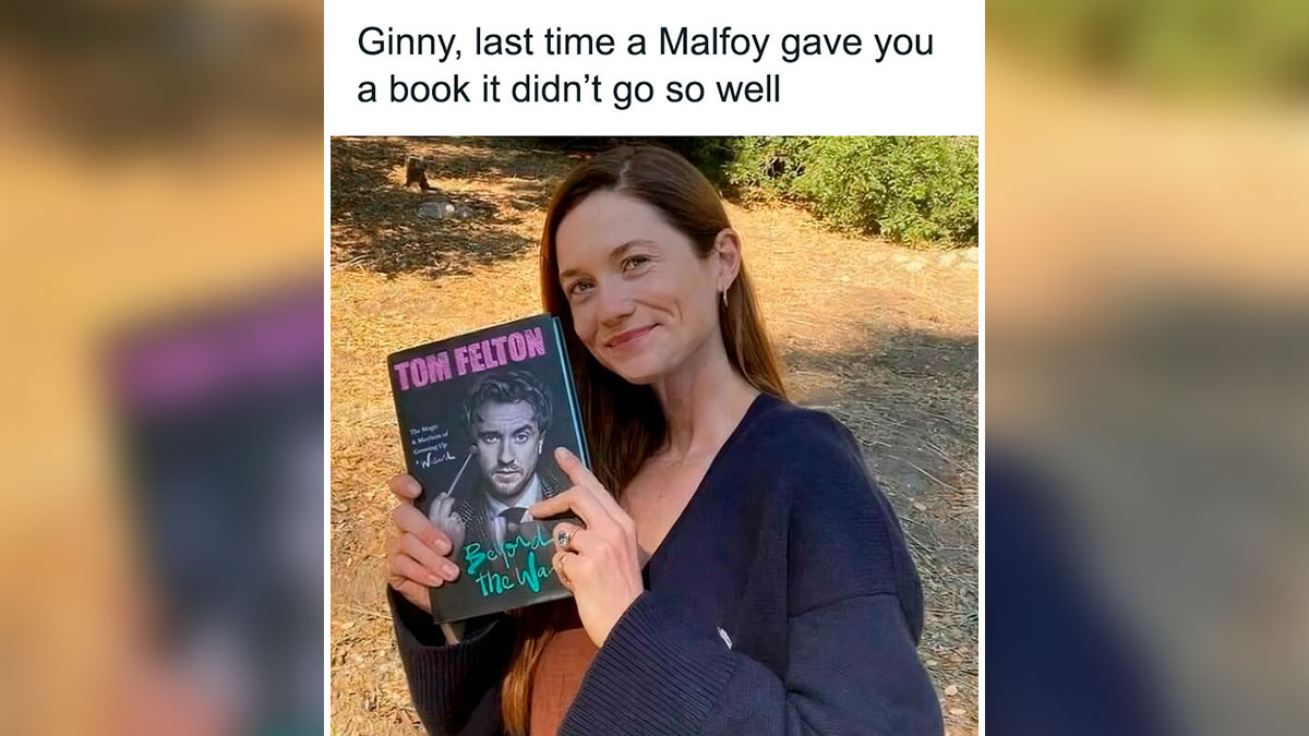 Woman smiling outdoors holding Tom Feltonu2019s book, a Harry Potter meme referencing Malfoy with cozy Gryffindor common room vibes.