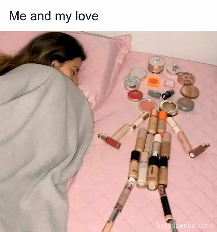 Woman sleeping next to an arrangement of makeup products shaped like a person in a relatable meme about work stress.