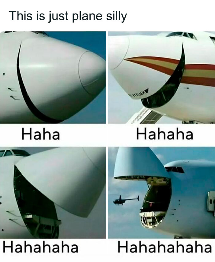 Funny airplane nose opening in four stages with captions laughing harder, relatable memes to ease work stress.