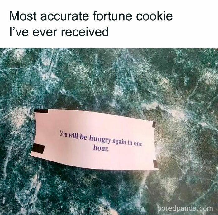 Fortune cookie on blue-green surface reads you will be hungry again in one hour in relatable work memes style.
