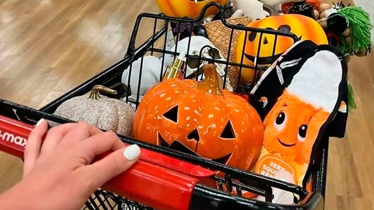 Shopping cart filled with Halloween decorations including a carved pumpkin, a ghost plush, and festive items for horror fans.