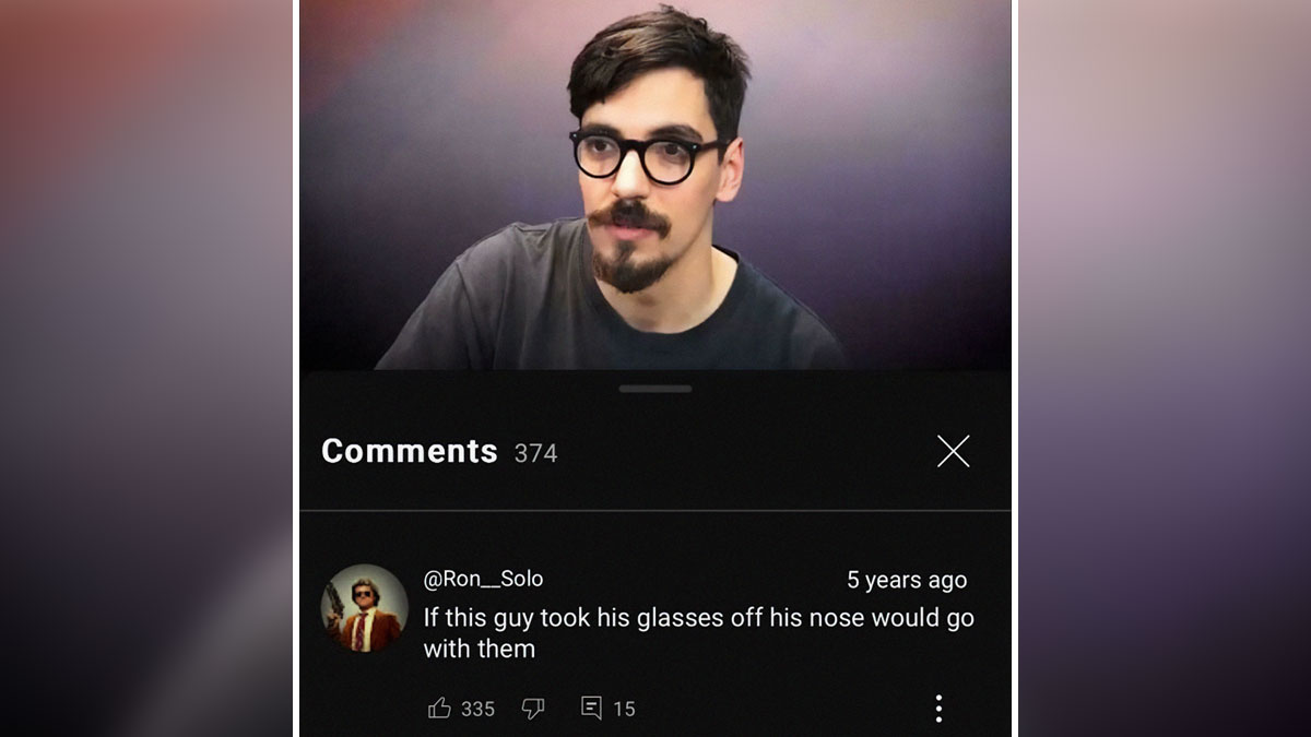 Man with glasses and a beard with a hilarious YouTube comment about his nose going with the glasses in video comments section.