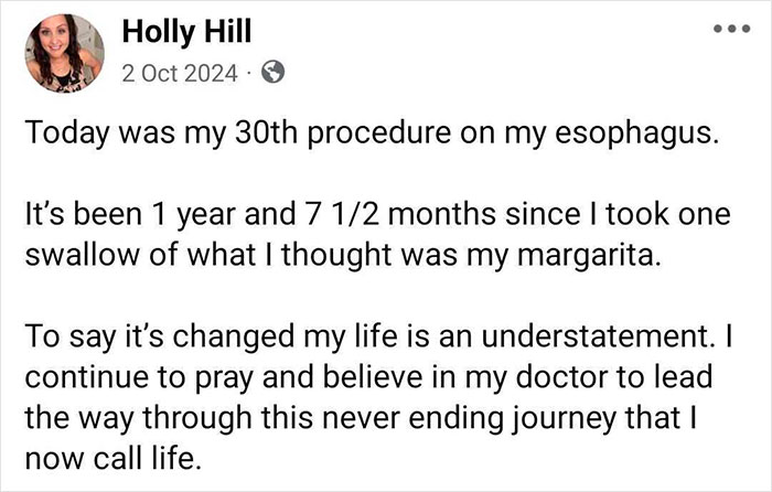 Social media post by mom sharing her ongoing health struggles after restaurant's brutal mistake with her drink.