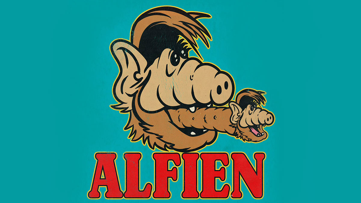 Creepy horror reinterpretation of classic cartoon Alf character with distorted features and unsettling design on teal background.