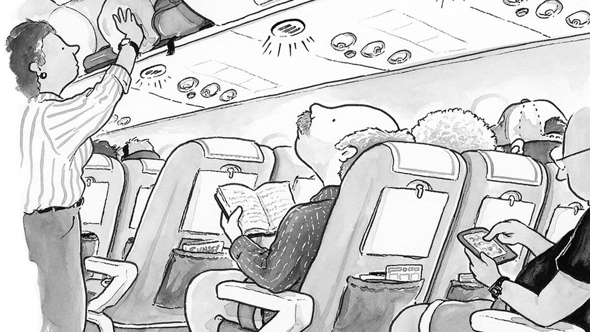 Airplane passengers with a flight attendant placing luggage, depicted in a quirky one-panel comic style by Tom Toro.