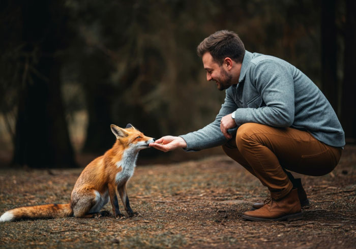 Man crouching outdoors feeding a friendly pet fox, highlighting the unusual idea of installing a cat flap for a pet fox.