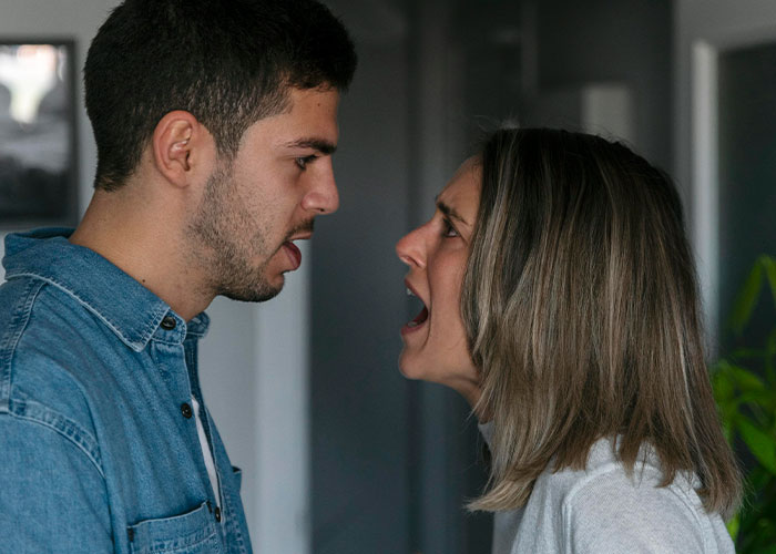 Woman and man arguing face to face in a tense moment, illustrating a conflict about money and savings issues. Woman and man arguing face to face in a tense moment, illustrating a conflict about money and savings issues.