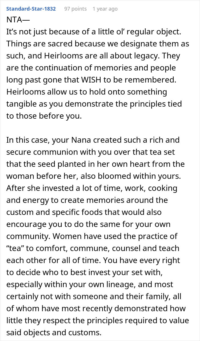 Screenshot of an online comment discussing the importance of heirloom tea sets and family legacy in a marriage conflict. Screenshot of an online comment discussing the importance of heirloom tea sets and family legacy in a marriage conflict.