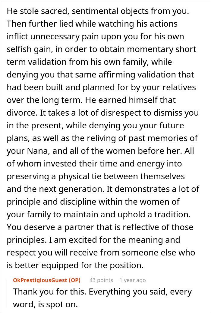 Comment explaining how man ruins marriage by stealing sentimental tea set and betraying trust, causing divorce and pain. Comment explaining how man ruins marriage by stealing sentimental tea set and betraying trust, causing divorce and pain.