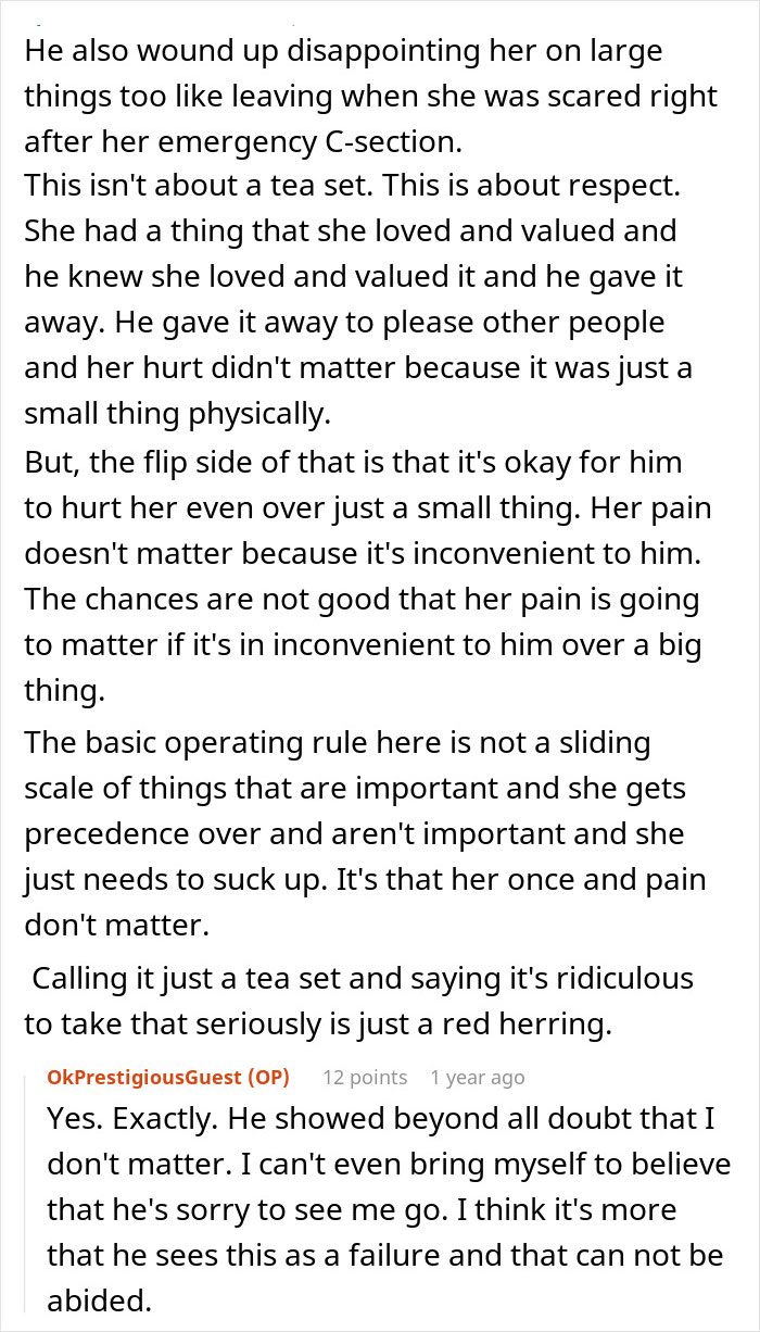 Comment discussing how a man ruined his marriage by stealing his wife’s tea set, causing deep emotional pain. Comment discussing how a man ruined his marriage by stealing his wife’s tea set, causing deep emotional pain.