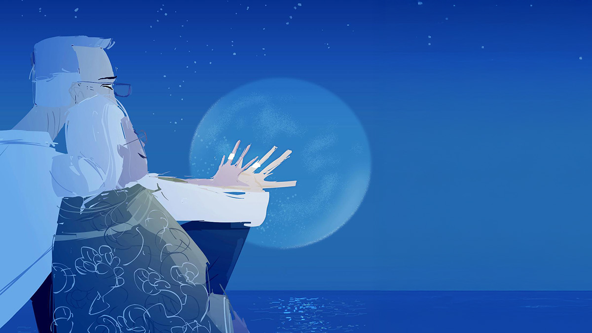 Digital art of a couple by the ocean at night, capturing the everyday transformed into something quietly extraordinary.