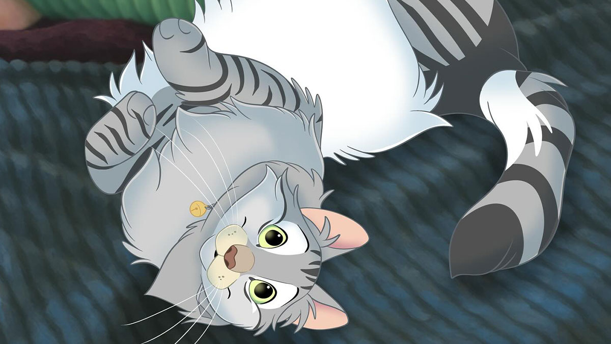 Disney-style pet portrait of a gray tabby cat lying on its back with large expressive eyes and a collar bell.
