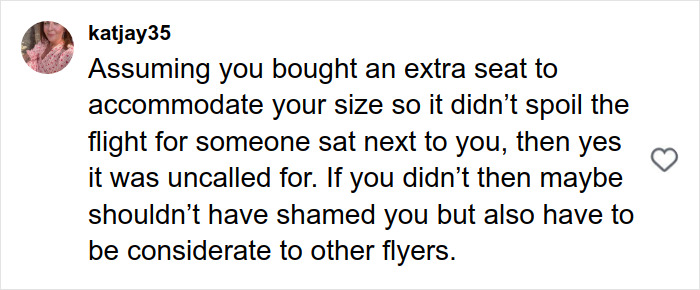 Comment discussing fat-shaming by a flight attendant toward a plus-size model during a flight. Comment discussing fat-shaming by a flight attendant toward a plus-size model during a flight.