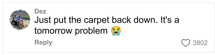 Social media comment about putting carpet back down with crying emoji, related to woman discovering secret feature under floor.