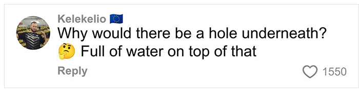 Comment expressing curiosity about a hole underneath the floor, mentioning water on top, related to secret feature discovery.