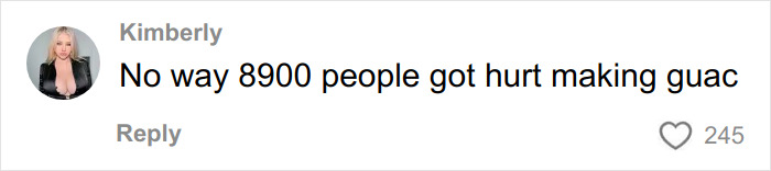 Screenshot of a social media comment by Kimberly expressing disbelief about thousands injured due to avocado hands mistake.