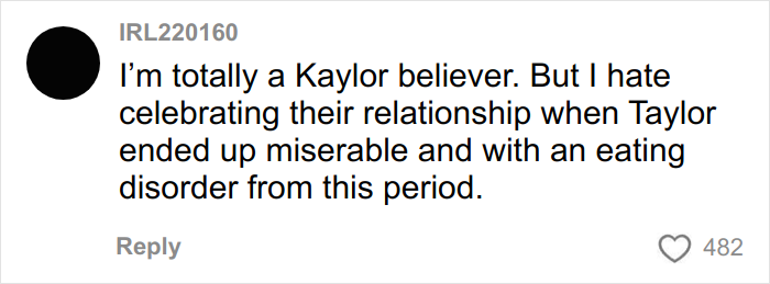 Comment expressing belief in Taylor Swift and Karlie Kloss relationship rumors linked to a difficult period for Taylor.