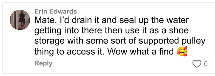 Comment discussing using a secret feature under floor as shoe storage with a supported pulley after discovery in new home.