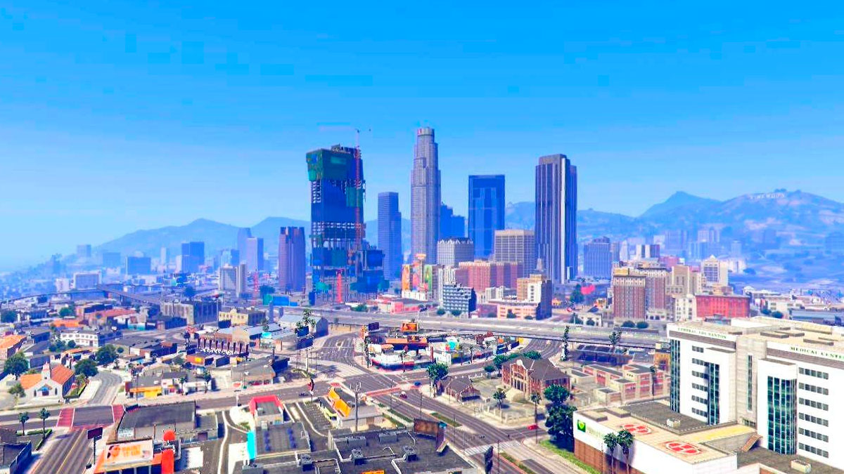 Vibrant cityscape of a famous mysterious and magical imaginary world with tall skyscrapers and clear blue sky.