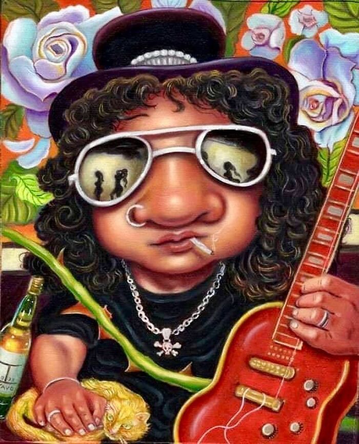 Exaggerated portrait of a musician with curly hair, sunglasses, cigarette, holding a red guitar and a small orange cat.