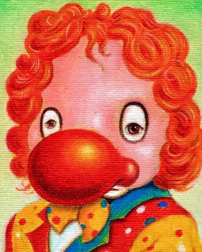 Exaggerated portrait of a clown with a large red nose and curly red hair in a colorful outfit, blending absurd and endearing styles.