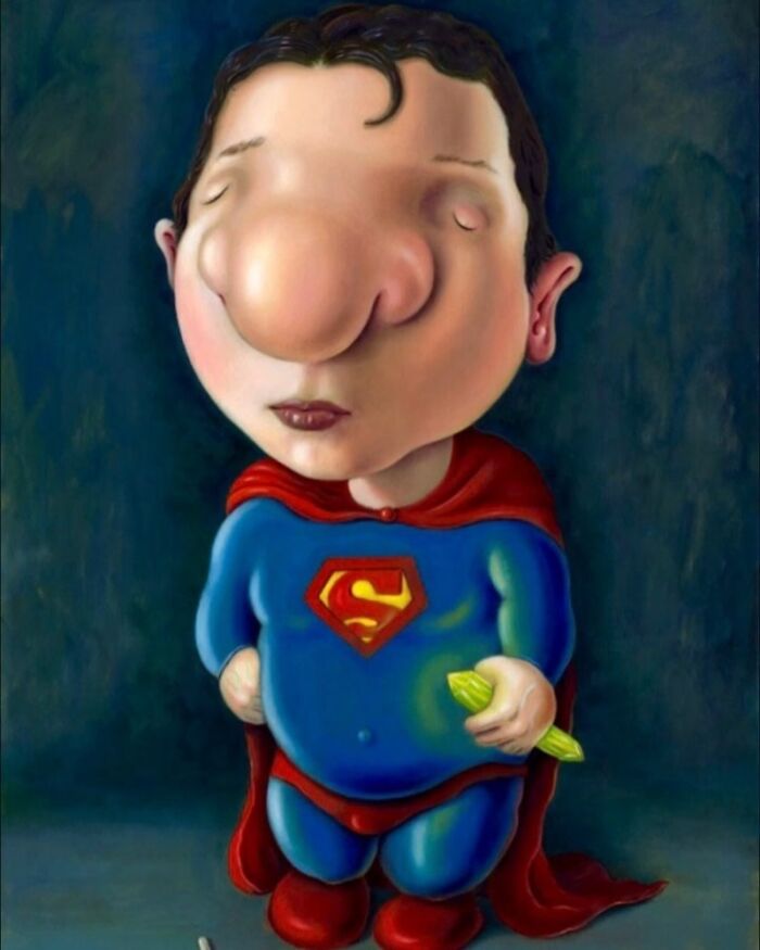 Exaggerated portrait of a child in a Superman costume with a large nose, showcasing absurd and endearing artistic style.