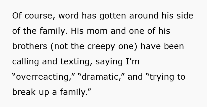 Text excerpt showing family taking creepy BIL's side causing wife to take off her wedding ring in troubled relationship. Text excerpt showing family taking creepy BIL's side causing wife to take off her wedding ring in troubled relationship.