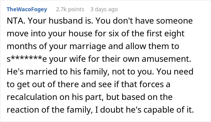 Reddit comment discussing wife taking off wedding ring after family supports creepy brother-in-law behavior. Reddit comment discussing wife taking off wedding ring after family supports creepy brother-in-law behavior.