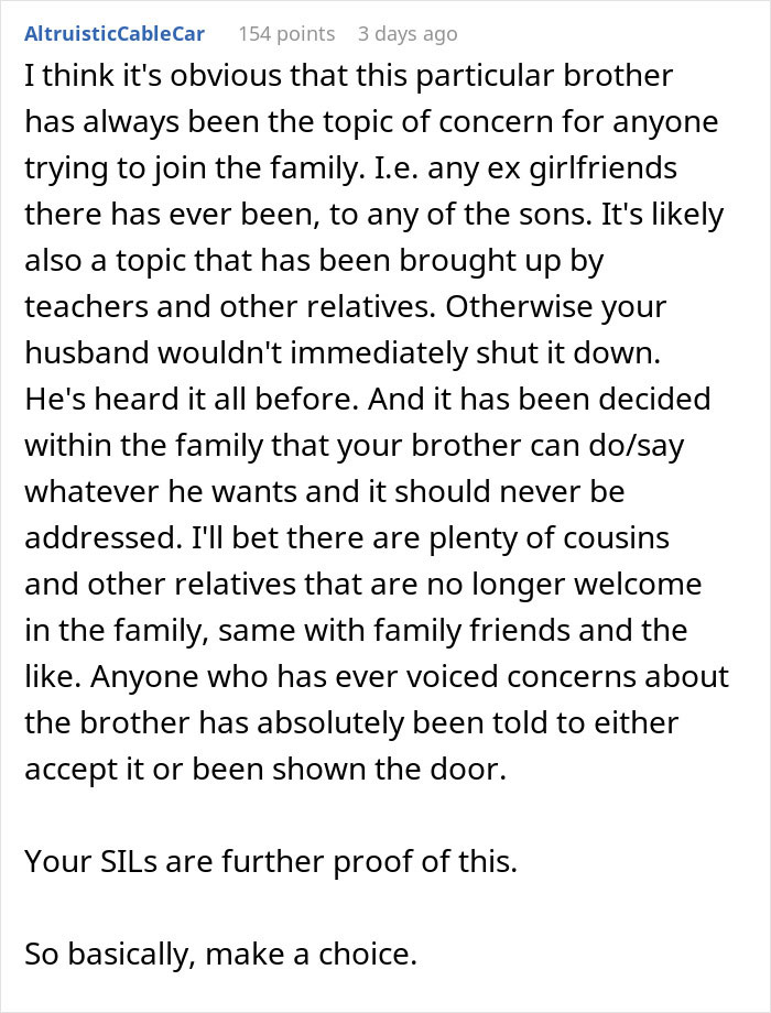 Text post discussing family concerns about a creepy brother-in-law and the impact on a wife’s relationship decisions. Text post discussing family concerns about a creepy brother-in-law and the impact on a wife’s relationship decisions.