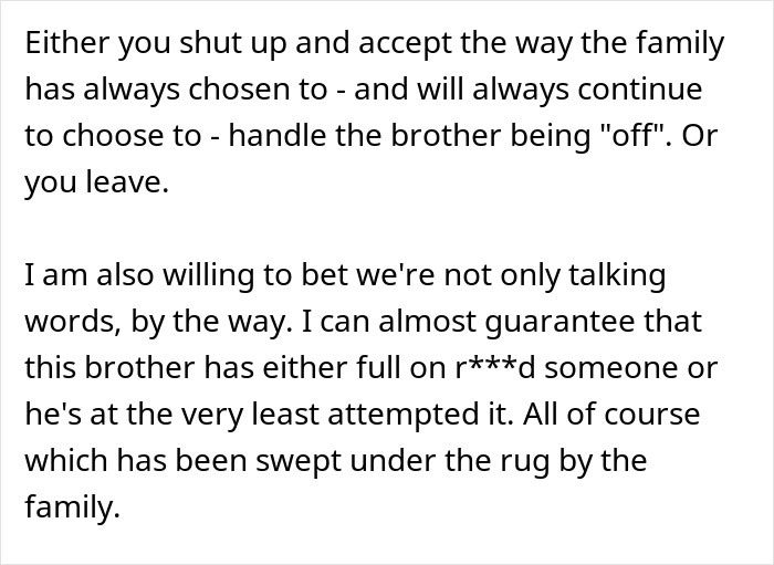Text discussing a wife removing her wedding ring after family sides with creepy brother-in-law in relationship conflict. Text discussing a wife removing her wedding ring after family sides with creepy brother-in-law in relationship conflict.