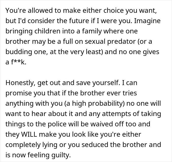 Text excerpt discussing relationship struggles after family sides with creepy brother-in-law, prompting wife to remove wedding ring. Text excerpt discussing relationship struggles after family sides with creepy brother-in-law, prompting wife to remove wedding ring.