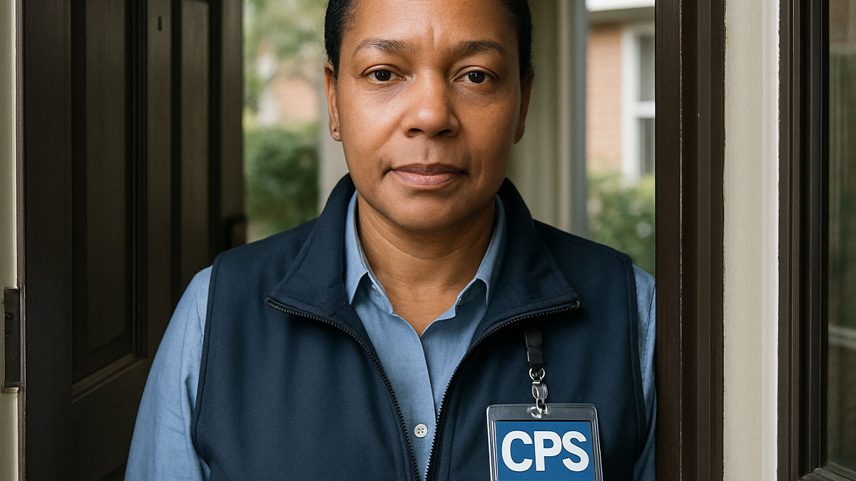 CPS worker standing at a door in uniform, representing child protective services involved in toxic in-laws dispute.