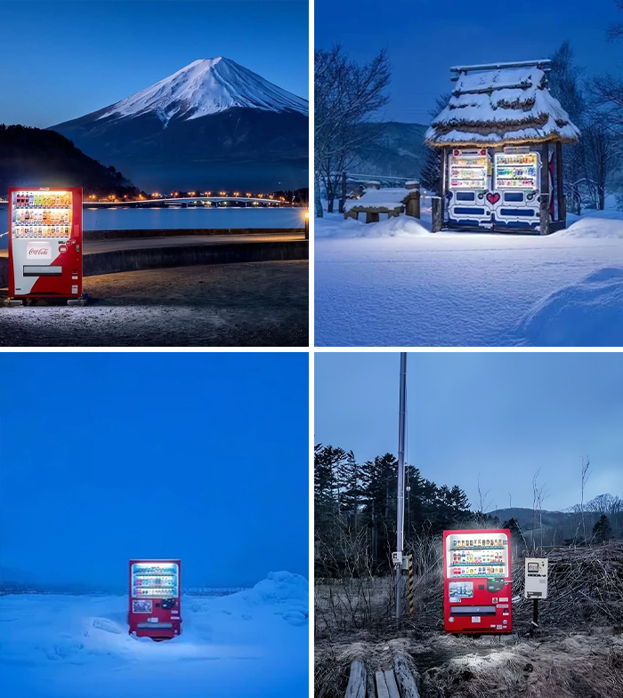 Vending machines in diverse snowy and natural settings showcasing fascinating photos and stories to see the world differently.