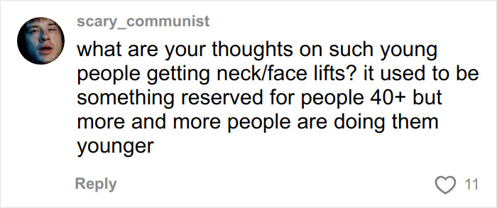 Comment discussing young people getting neck and face lifts amid Jennifer Lawrence plastic surgery plans after viral video reaction. Comment discussing young people getting neck and face lifts amid Jennifer Lawrence plastic surgery plans after viral video reaction.