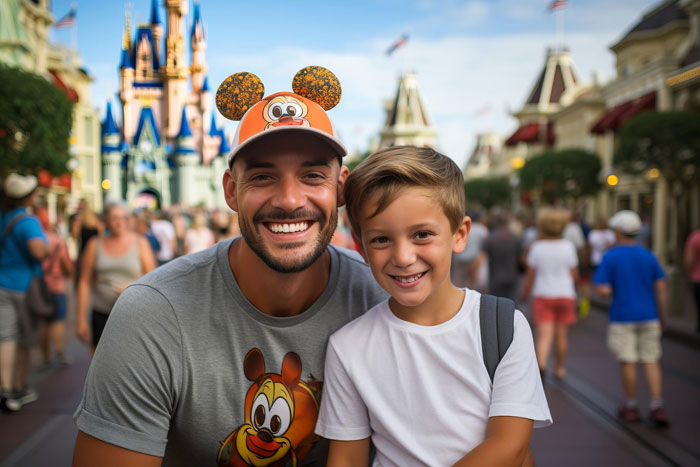Man and son smiling at theme park, highlighting rich ex taking son on fancy trips while other kids are excluded Man and son smiling at theme park, highlighting rich ex taking son on fancy trips while other kids are excluded