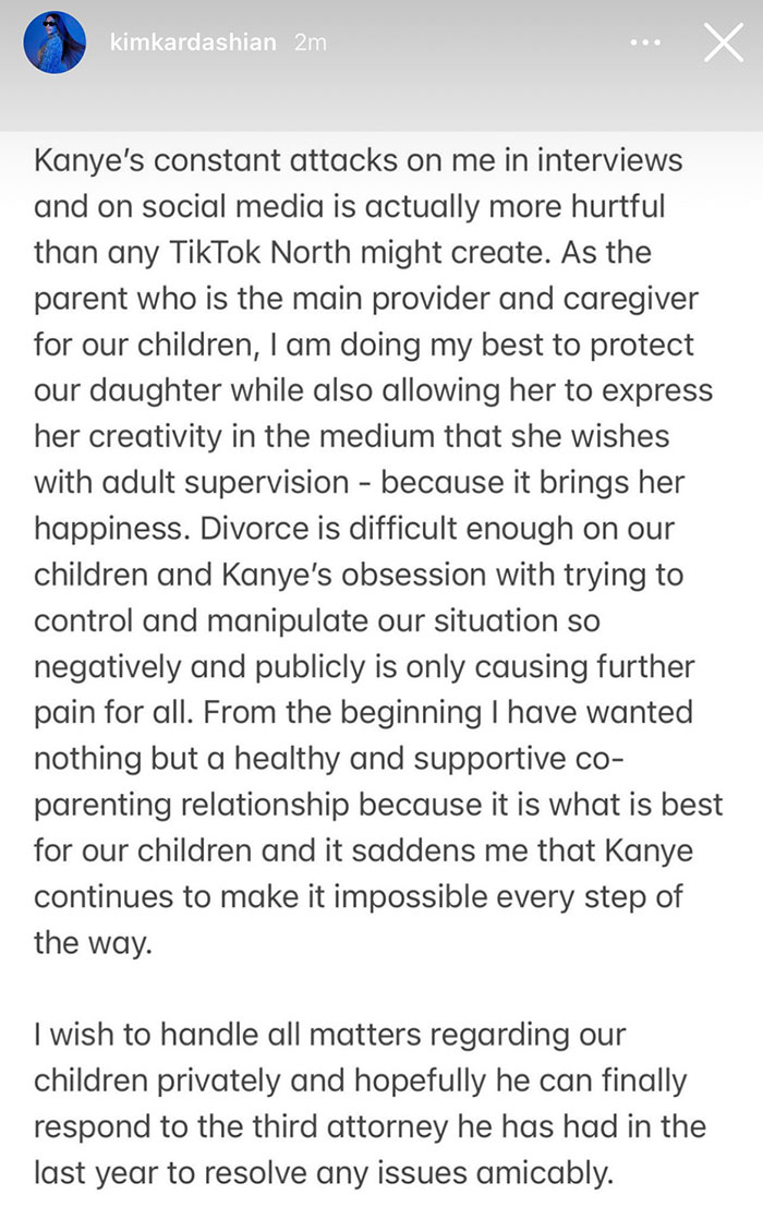 Statement about Kanye West’s warning about daughter North’s online life amid co-parenting challenges. Statement about Kanye West’s warning about daughter North’s online life amid co-parenting challenges.