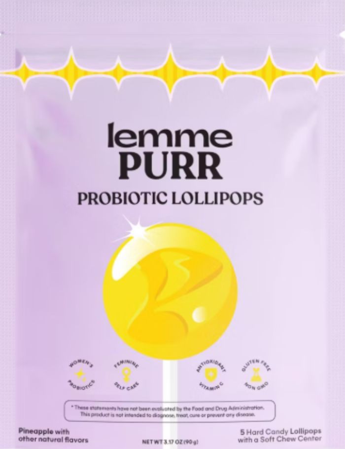 Lemme Purr probiotic lollipops for women’s private parts promoting feminine self-care and wellness in a colorful package. Lemme Purr probiotic lollipops for women’s private parts promoting feminine self-care and wellness in a colorful package.