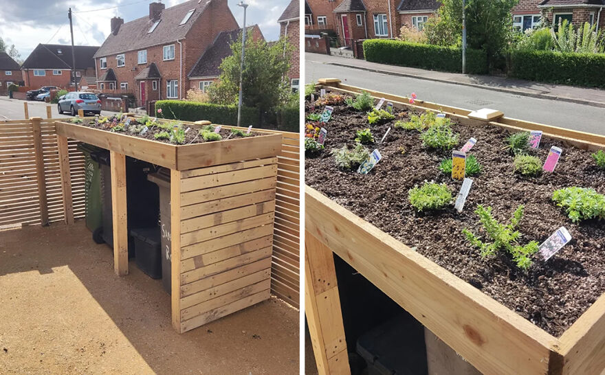 Wooden outdoor organization hack with planter box on top, helping to keep a home tidy and well-organized.