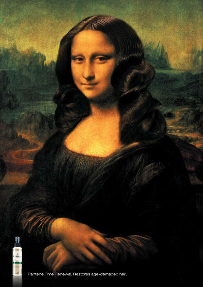 Mona Lisa with glossy styled hair in an ad campaign promoting Pantene hair care products and time renewal benefits.