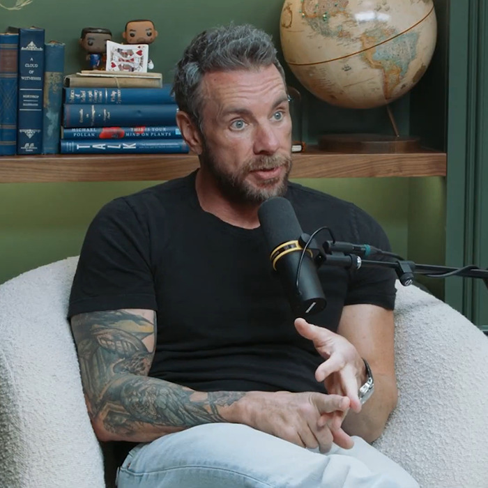 Man with tattoos speaking into a microphone during podcast discussing Kristen Bell and Dax Shepard blackout fights and toxic marriage. Man with tattoos speaking into a microphone during podcast discussing Kristen Bell and Dax Shepard blackout fights and toxic marriage.