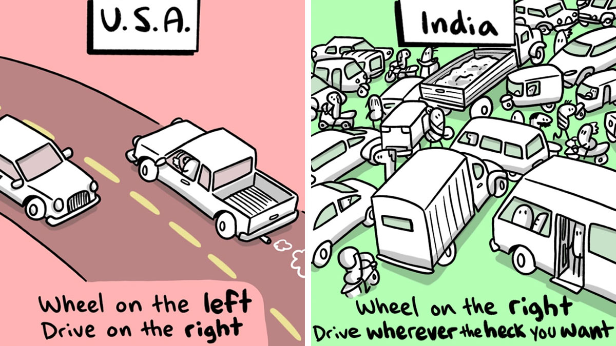 Comic illustrating the differences between USA and India driving styles by artist humorously depicting countries and languages.