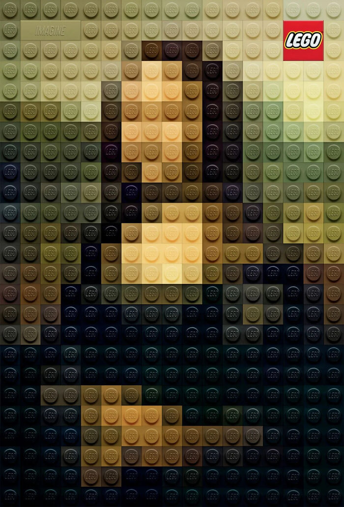 Lego bricks recreate the Mona Lisa in a clever advertising campaign featuring the iconic painting.