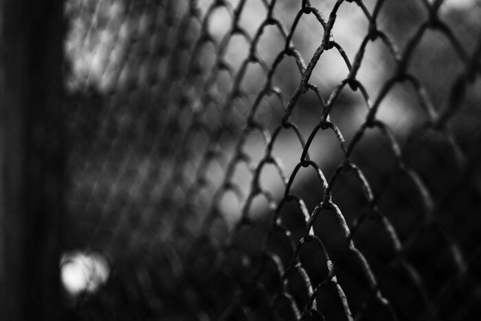 Close-up black and white photo of a rusted metal chain-link fence, illustrating bizarre things found inside strangers' houses.