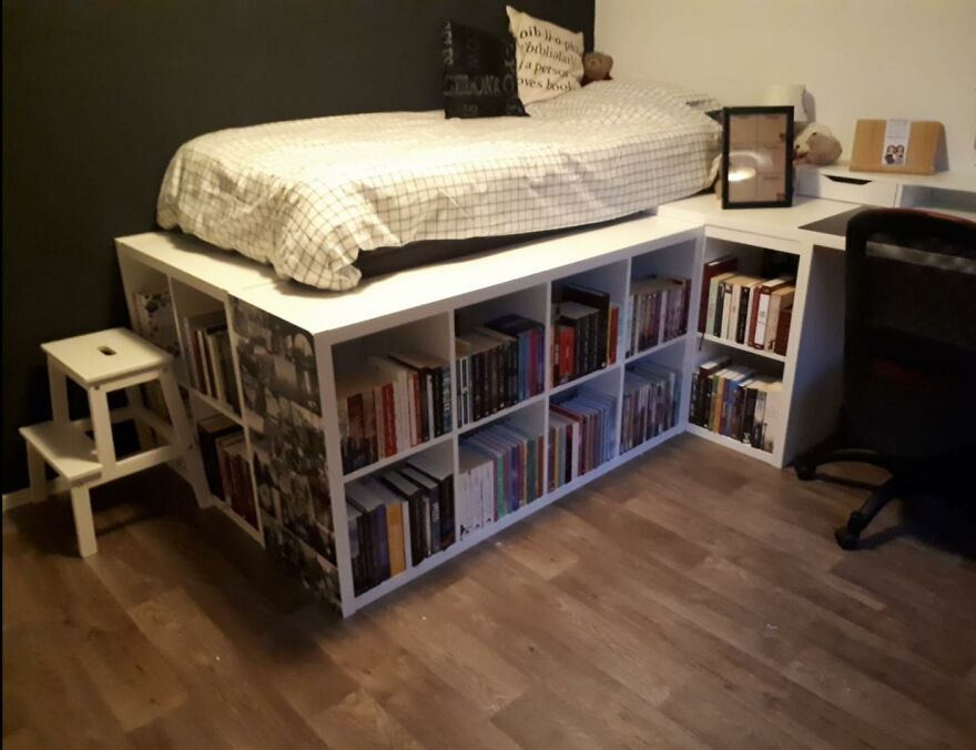 Loft bed with built-in bookshelf and desk showcasing smart organization hacks for efficient home storage solutions.