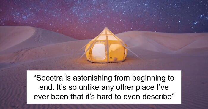 A glowing tent in Socotra desert under a starry night sky, showcasing the unique and surreal travel experience.