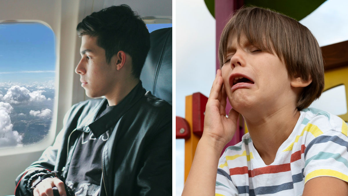 Teen refusing to entertain strangeru2019s kid on a long flight while child cries outdoors at playground area