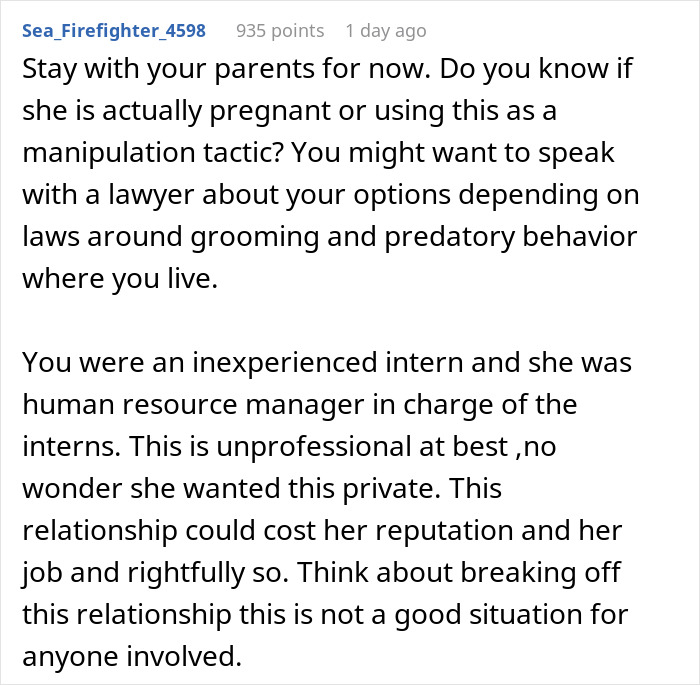 Comment advising to stay with parents and seek legal advice due to concerns over a young man's relationship and child care situation. Comment advising to stay with parents and seek legal advice due to concerns over a young man's relationship and child care situation.