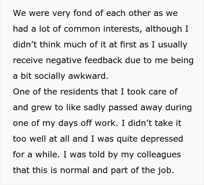 Text excerpt discussing personal feelings and social awkwardness after a resident passed away, reflecting on depression and work challenges. Text excerpt discussing personal feelings and social awkwardness after a resident passed away, reflecting on depression and work challenges.